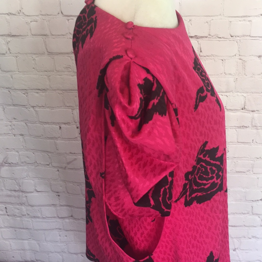 Vintage 80’s TF Satin Floral Bright Pink Knee Length Peplum Dress - Picture 6 of 14